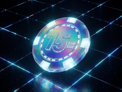 Leuchtender 15 Euro holografischer Bonus-Chip &uuml;ber dunklem Cyberpunk-Grid