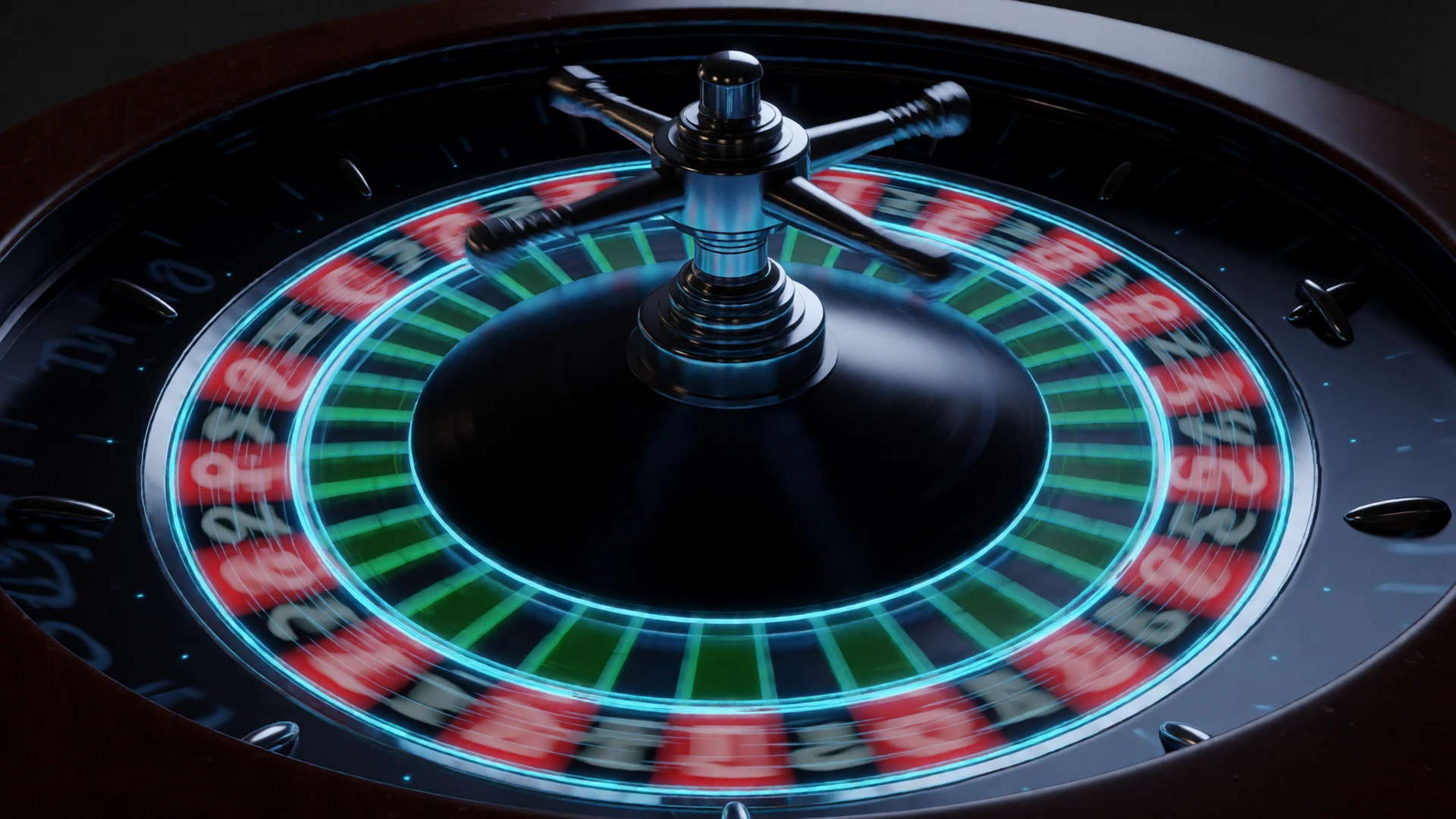 Futuristische Roulette-Rad mit blauen und gr&uuml;nen Neon-Lichtspuren im Roby Casino