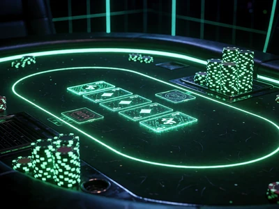 Futuristischer Poker-Tisch mit neon-gr&uuml;nem Filz und holografischen Karten im Roby Live Casino