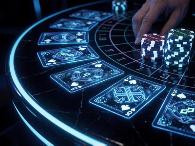 Cyberpunk Blackjack-Tisch mit neon-blauen Karten und holografischen Chips im Roby Live Casino