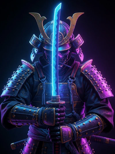 Exklusiver Cyberpunk-Samurai-Slot mit blauem Neon-Katana-Symbol im Roby Casino