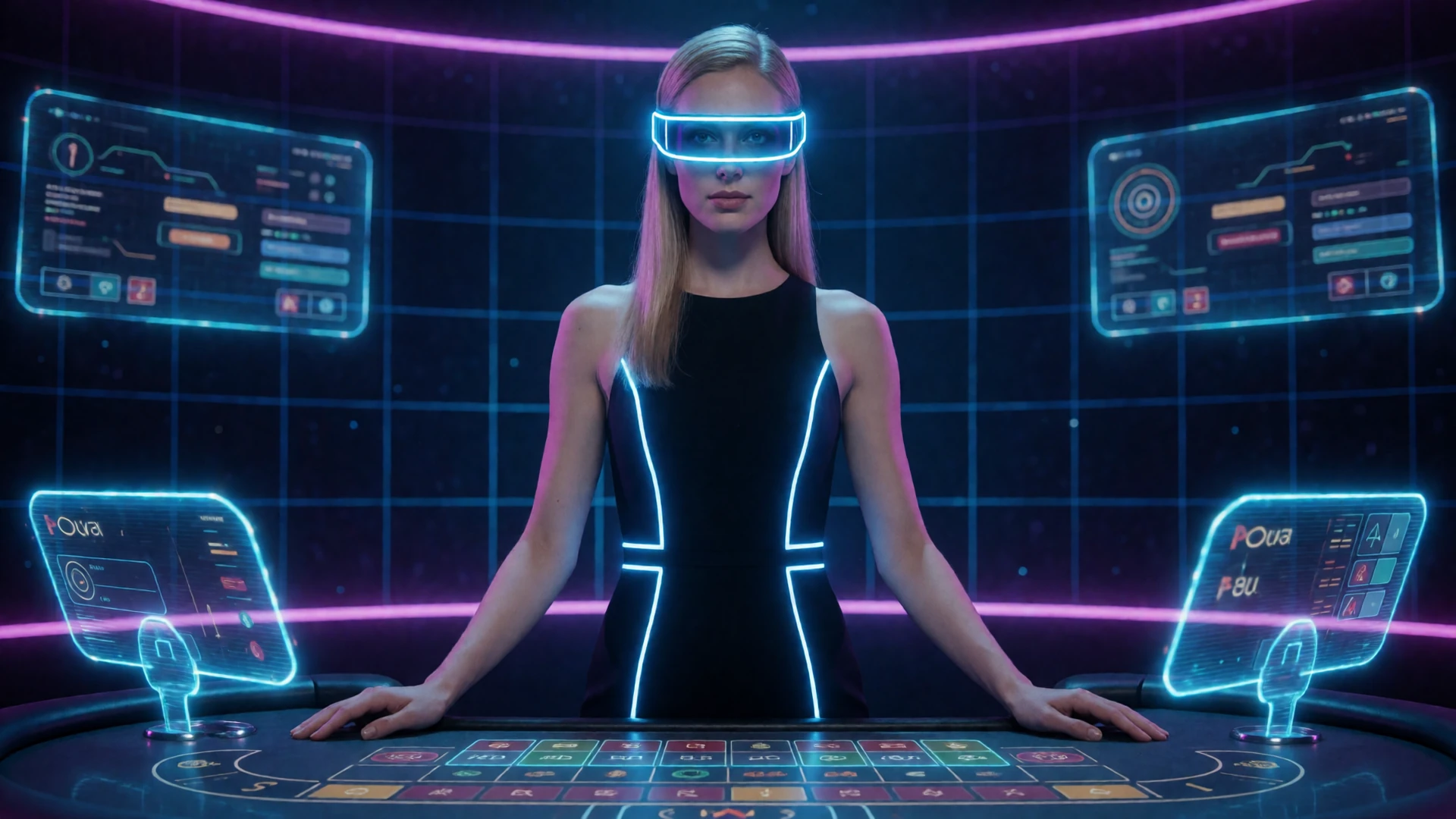 Roby Casino Live Dealer mit Neon-Visor in futuristischem Casino Studio f&uuml;r Live Casino Erlebnisse