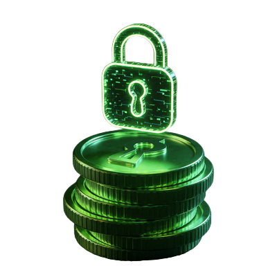 Neon-gr&uuml;ner Coin-Stapel mit digitalem Schloss f&uuml;r Casino Bonus ohne Einzahlung