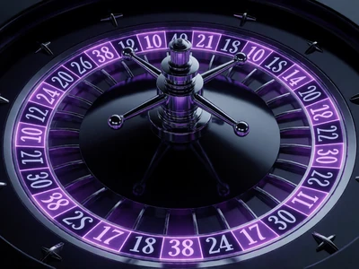 Amerikanisches Roulette-Rad mit 38 Taschen und violettlem Neon-Gl&uuml;hen im Roby Casino