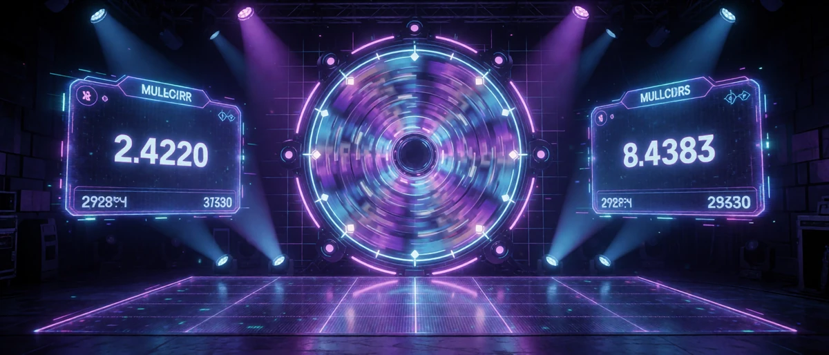 Holografische Game-Show-B&uuml;hne mit neon-violettem Gl&uuml;cksrad im Roby Live Casino