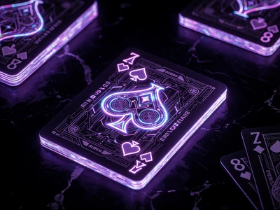 Cyberpunk-Spielkarten mit violettem Neon-Gl&uuml;hen f&uuml;r Blackjack im Roby Casino