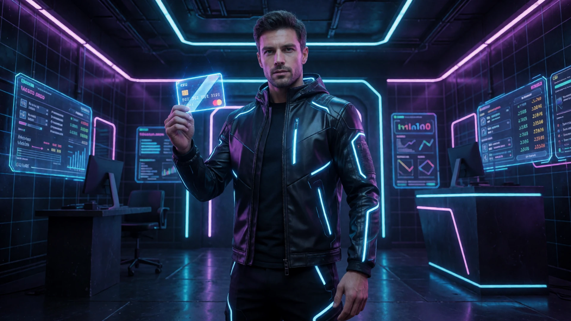Futuristisches Modell mit holografischer Kreditkarte im neon-blauen Krypto Casino Zahlungsbereich von Roby Casino