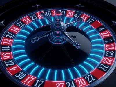 Europ&auml;isches Roulette-Rad mit 37 Taschen und blauem Neon-Gl&uuml;hen im Roby Casino