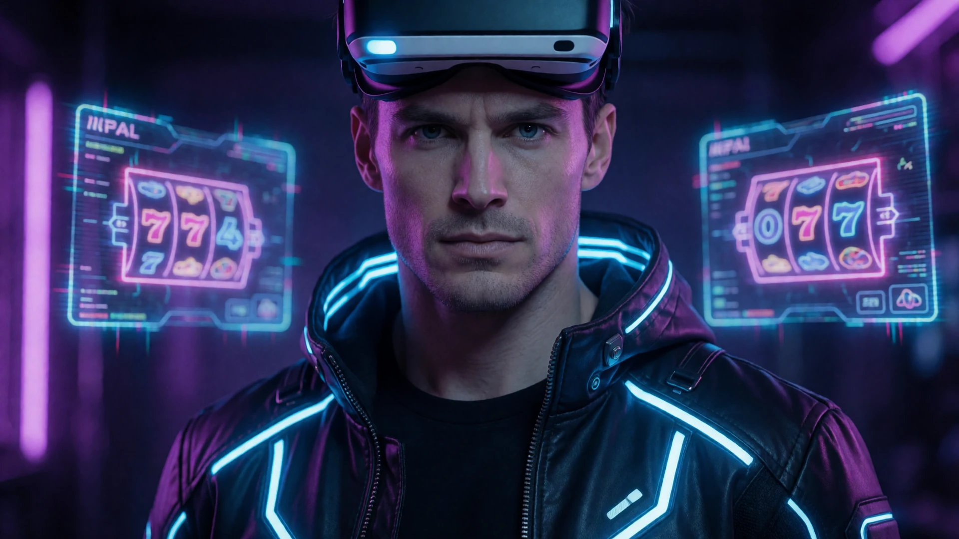 Futuristischer Roby Casino Slot-Spieler mit VR-Headset und Neon-Beleuchtung im Online Slot Universum
