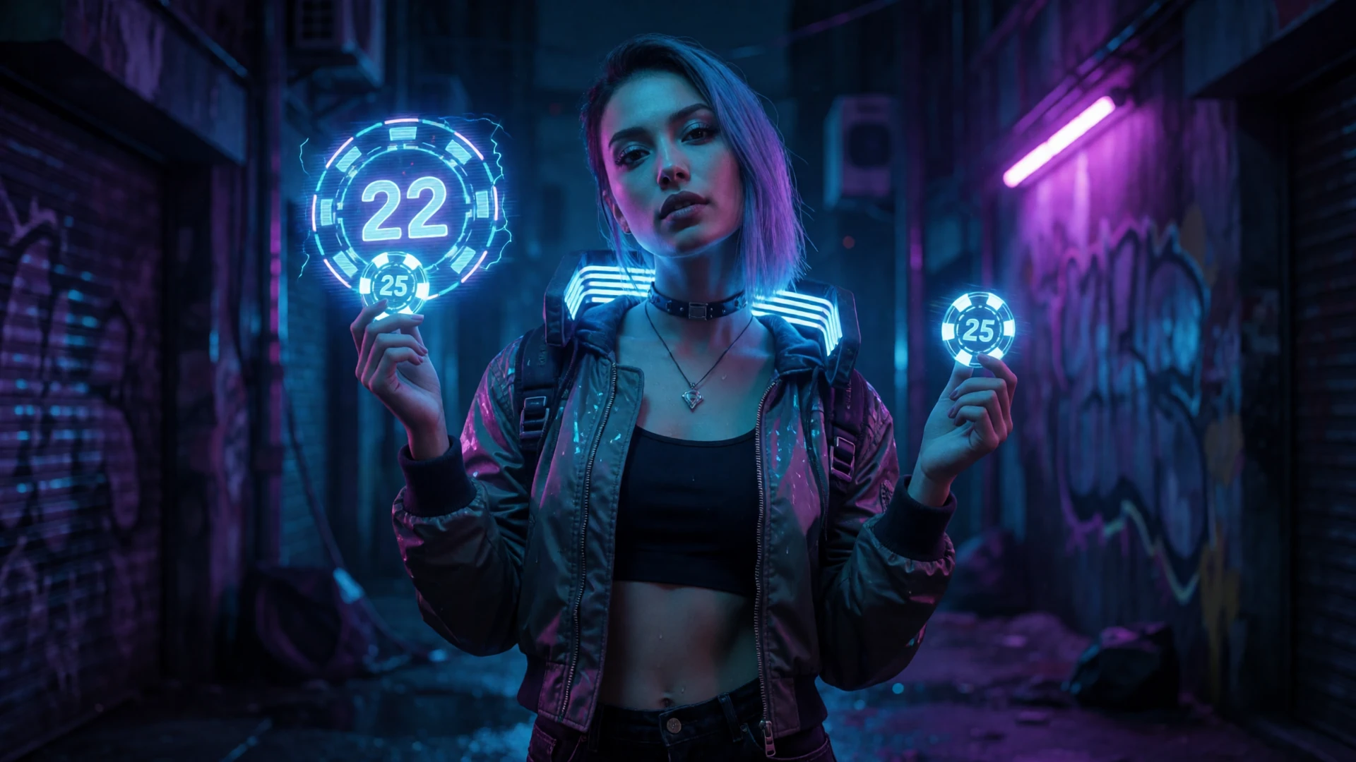 Cyberpunk-Modell mit holografischen Bonus-Chips im Roby Casino Bonus Cyberspace